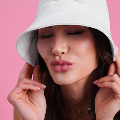 Beige Bride Bucket Hat - embroidered cotton hat