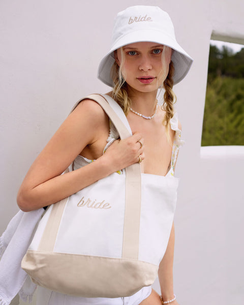 Beige Bride Boat Tote embroidered cotton tote xo Fetti
