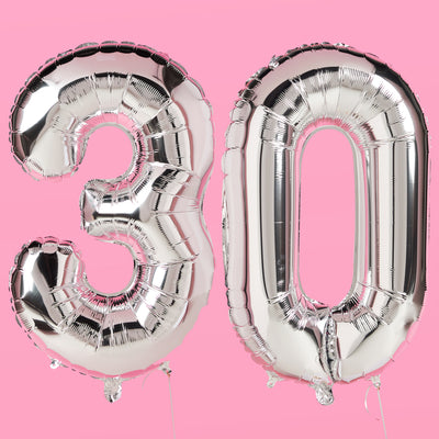 30 Number Balloons - 40" silver foil balloons