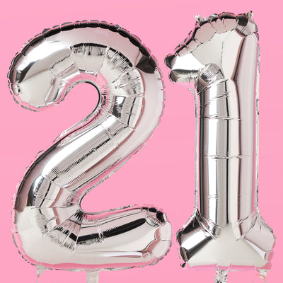 21 Number Balloons - 40" silver foil balloons