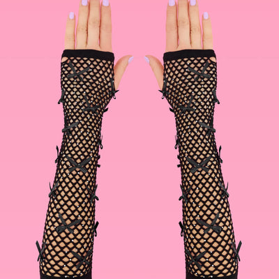 Blackout Gloves - fishnet bow gloves