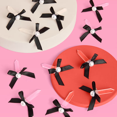 Black Bow Cake Toppers - 12 black + pearl cake toppers