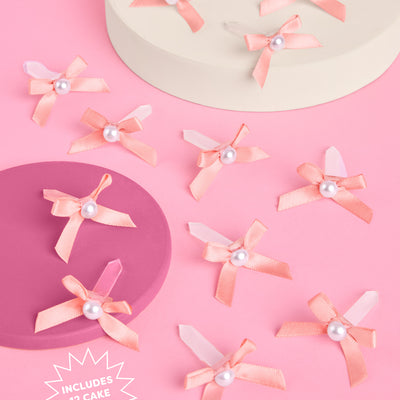 Pink Bow Cake Toppers - 12 pink + pearl cake toppers