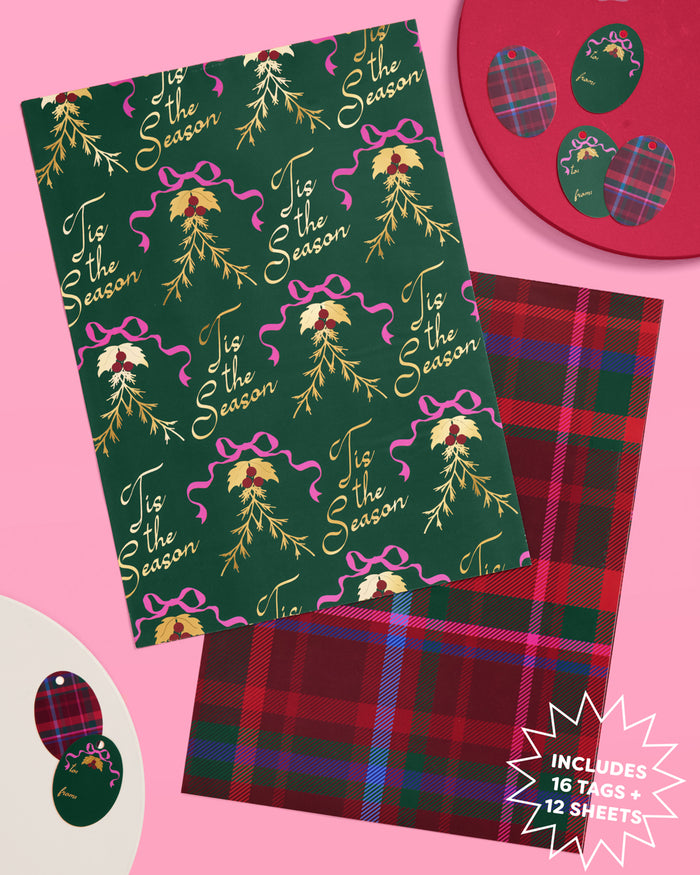 Tis the Season Wrapping Paper - 12 sheets + 16 tags