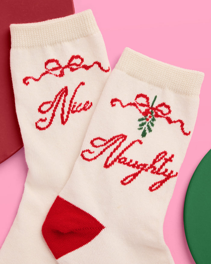 Naughty & Nice Knit Socks - cream crew socks