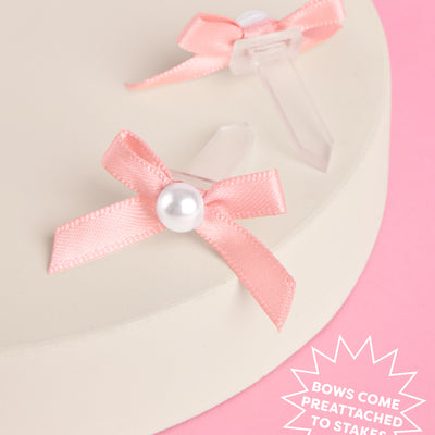 Pink Bow Cake Toppers - 12 pink + pearl cake toppers