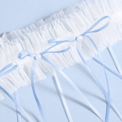 Something Blue Garter - white garter w. bows + pearls