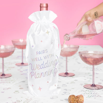 Just Engaged Wine Bag - white satin bottle bag
