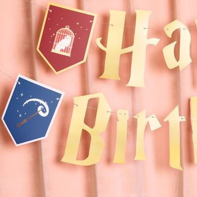 Wizard Birthday Banner - gold foil + colored pendants