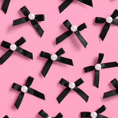 Black Bow Cake Toppers - 12 black + pearl cake toppers