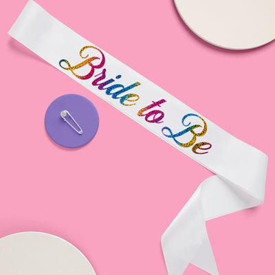 Bride Pride Sash - white silk + rainbow foil