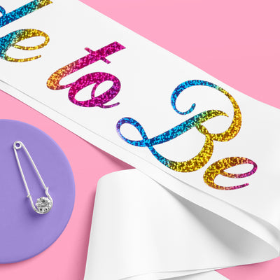 Bride Pride Sash - white silk + rainbow foil
