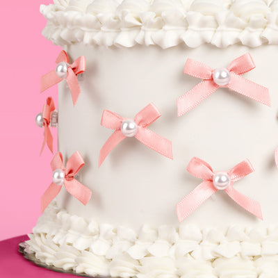 Pink Bow Cake Toppers - 12 pink + pearl cake toppers