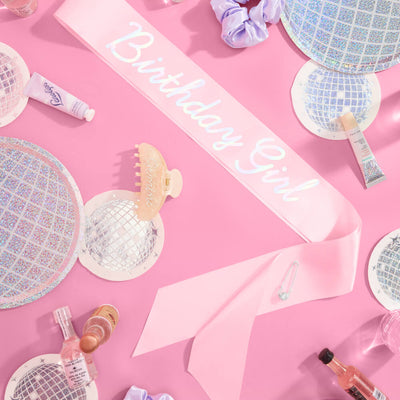 Shimmer Bday Girl Sash - pink and iridescent foil