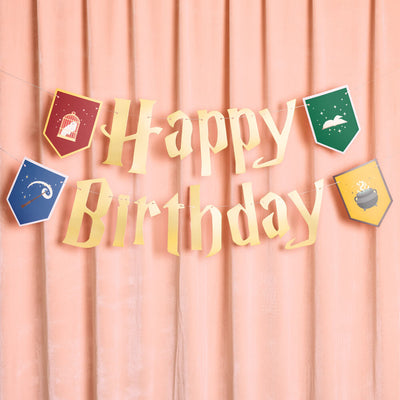 Wizard Birthday Banner - gold foil + colored pendants