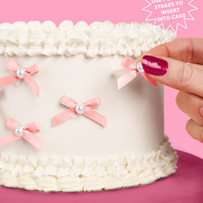 Pink Bow Cake Toppers - 12 pink + pearl cake toppers