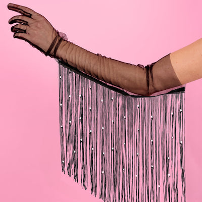 Black Fringe Gloves - black fringe + pearl gloves