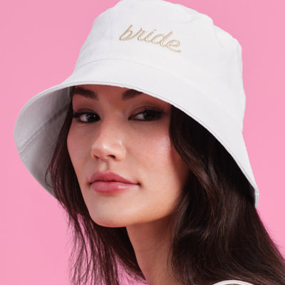 Beige Bride Bucket Hat - embroidered cotton hat