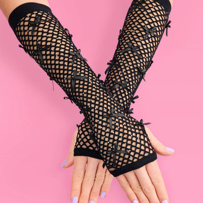 Blackout Gloves - fishnet bow gloves