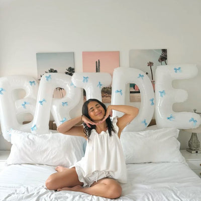 XL Bride + Bows Balloons - 40" white balloons + blue bows