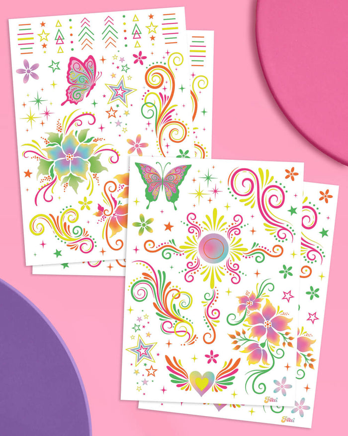 Fluorescent Rave Tattoos - 4 temporary tattoo sheets
