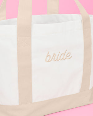 Beige Bride Tote - embroidered cotton tote
