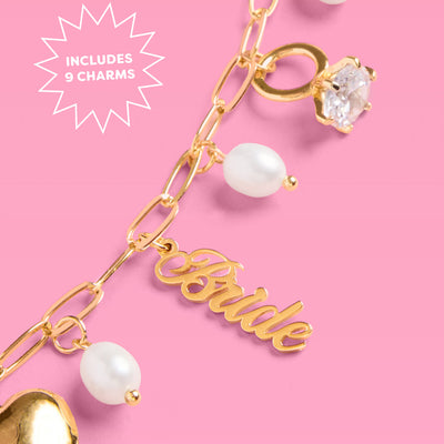 Bride Charm Necklace - gold, rhinestones + pearls