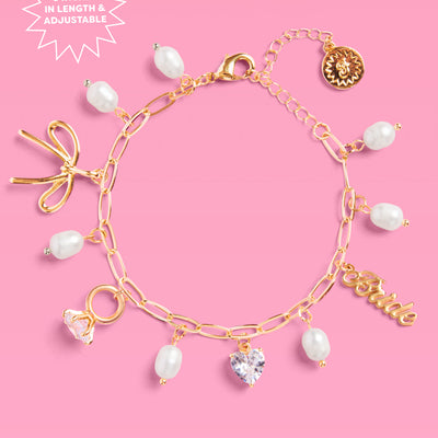 Bride Charm Bracelet - gold, rhinestones + pearls
