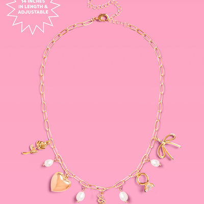Bride Charm Necklace - gold, rhinestones + pearls