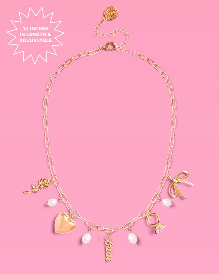 Bride Charm Necklace - gold, rhinestones + pearls