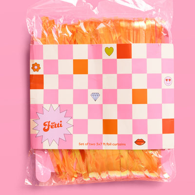 Orange Fringe Curtain Backdrop - iridescent foil banner