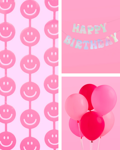 Pink Smiley Pack - banner, balloons + curtain