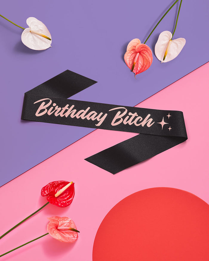 Bday B*tch Sash - black glitter + rose gold foil