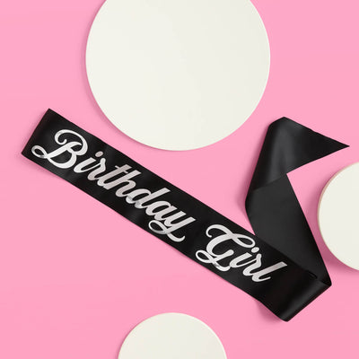 Birthday Girl Sash - black silk + silver foil