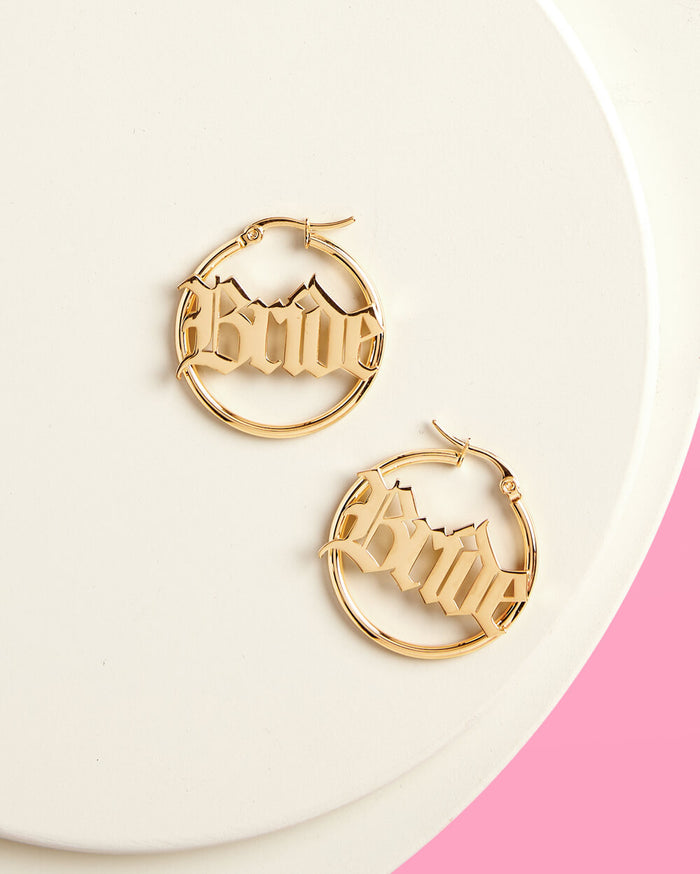 Bride Hoops - gold script earrings