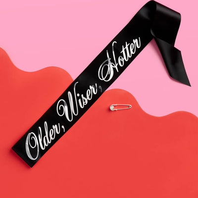 Older Wiser Hotter Sash - black silk + silver foil