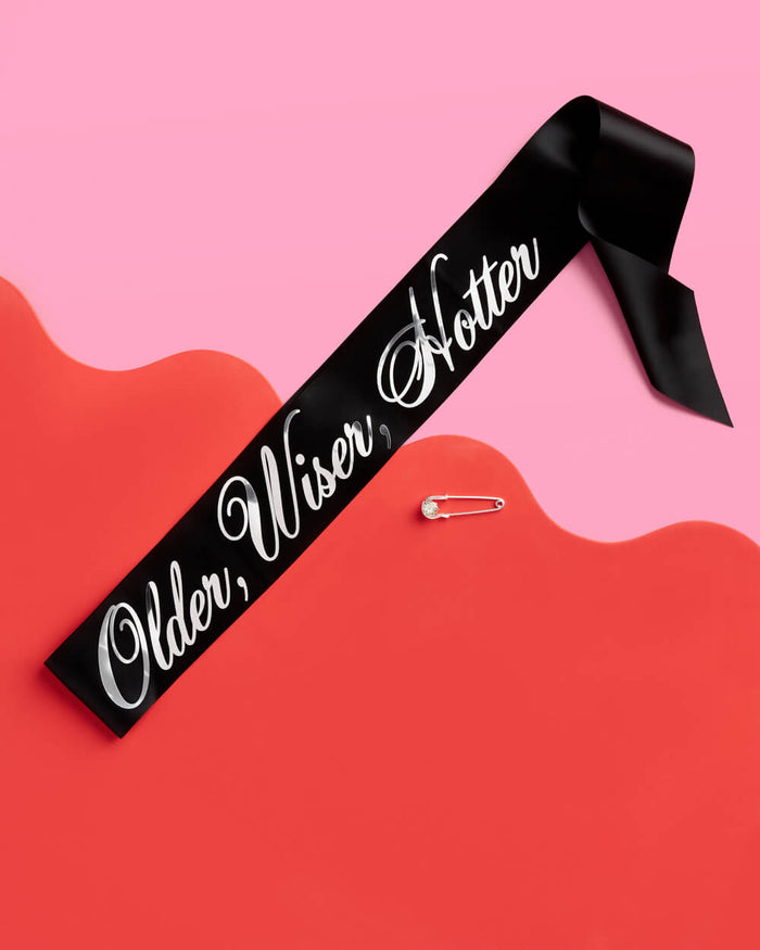 Older Wiser Hotter Sash - black silk + silver foil