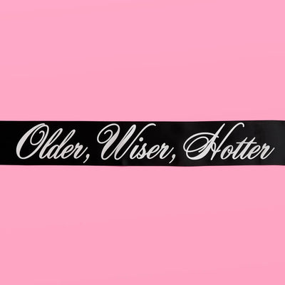 Older Wiser Hotter Sash - black silk + silver foil