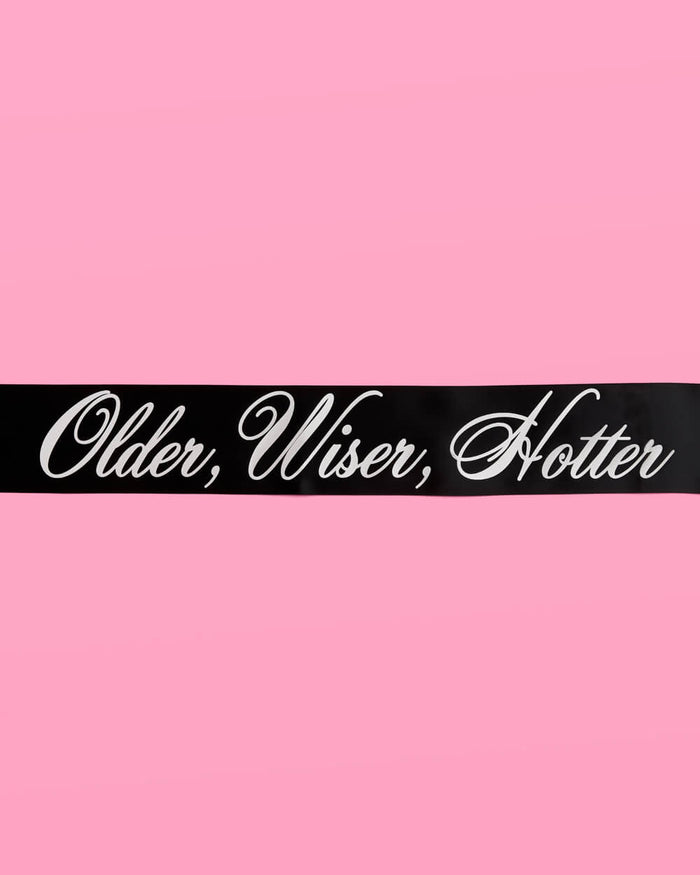 Older Wiser Hotter Sash - black silk + silver foil