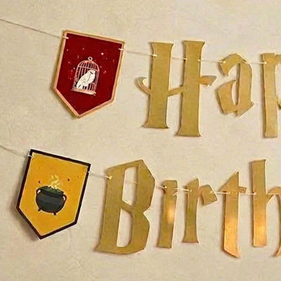 Wizard Birthday Banner - gold foil + colored pendants