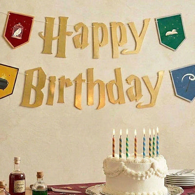 Wizard Birthday Banner - gold foil + colored pendants