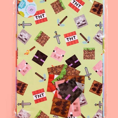 Pixel Mining Wrapping Paper Set - 12 sheets + 16 tags