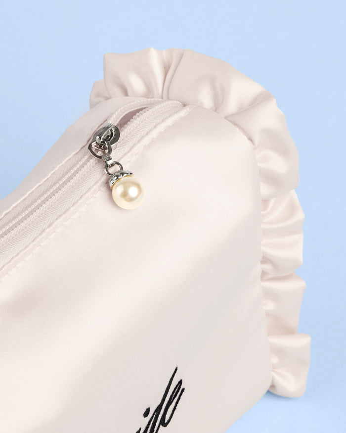 Embroidered Bride Satin Ruffle Cosmetic Bag - cream bag