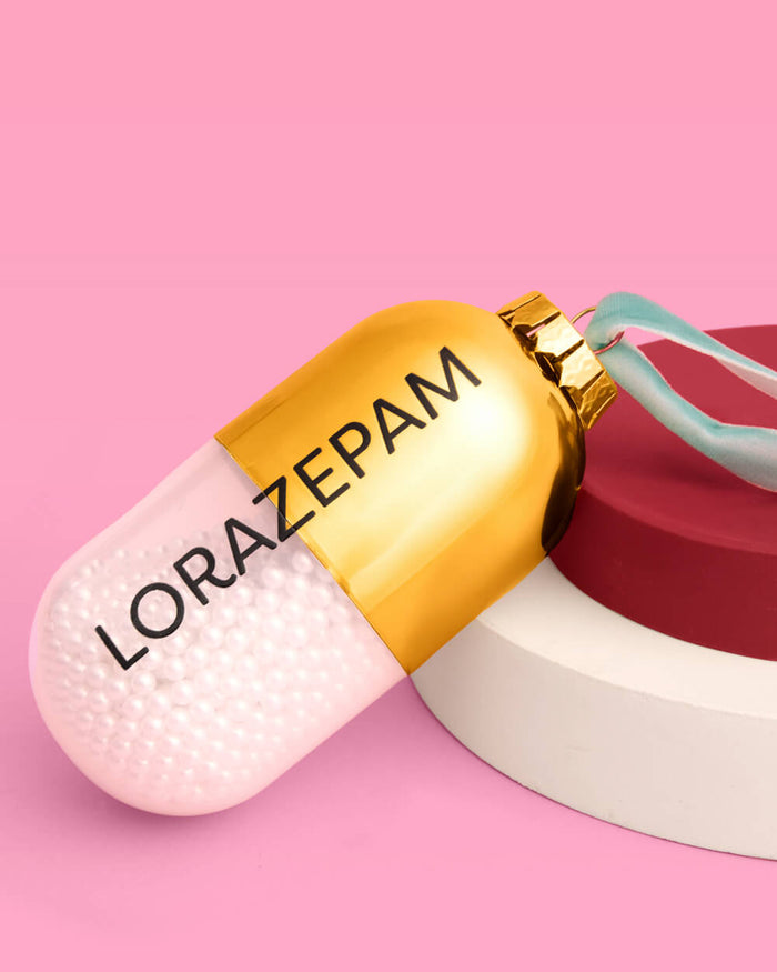Lorazepam Ornament - gold and clear ornament