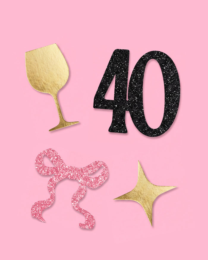 40th Birthday Confetti - pink, black + gold confetti