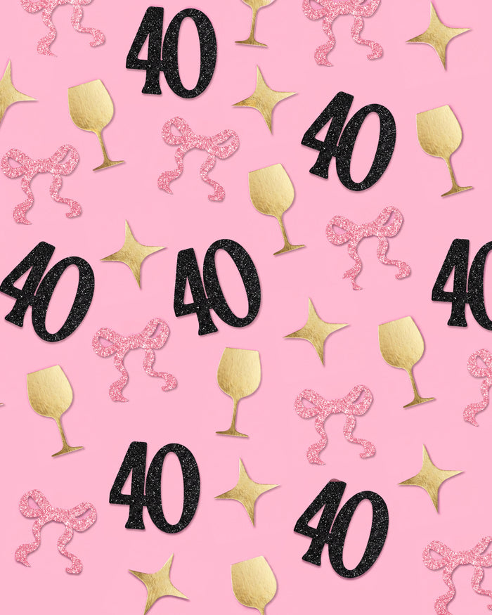 40th Birthday Confetti - pink, black + gold confetti