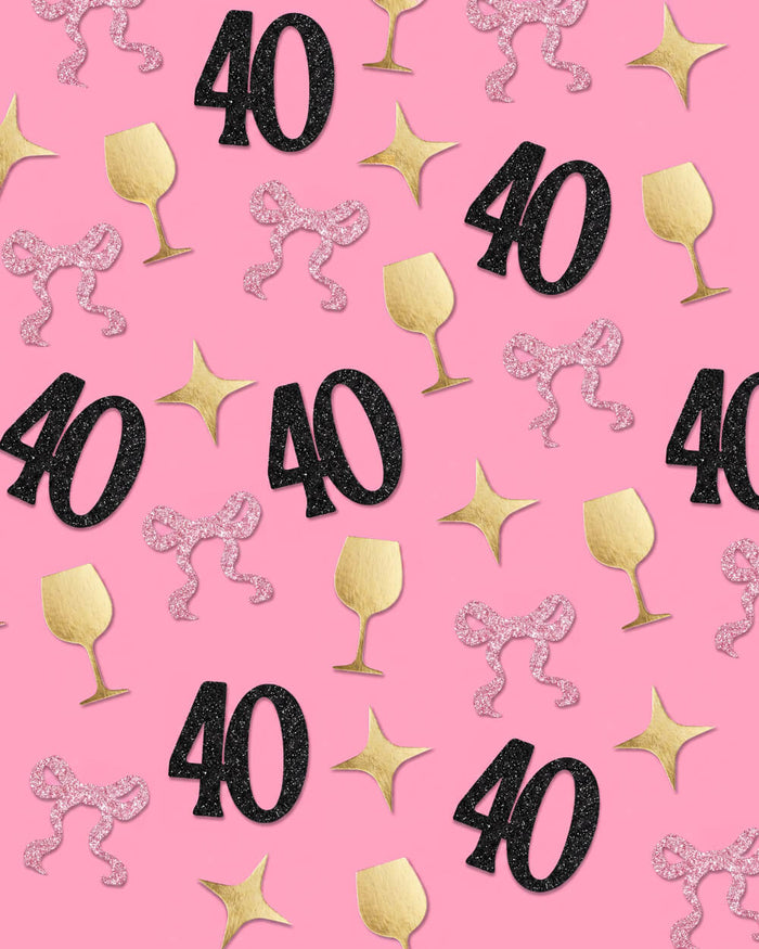 40th Birthday Confetti - pink, black + gold confetti