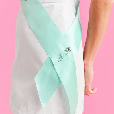 Life of A Bride Sash - aqua satin with orange foil