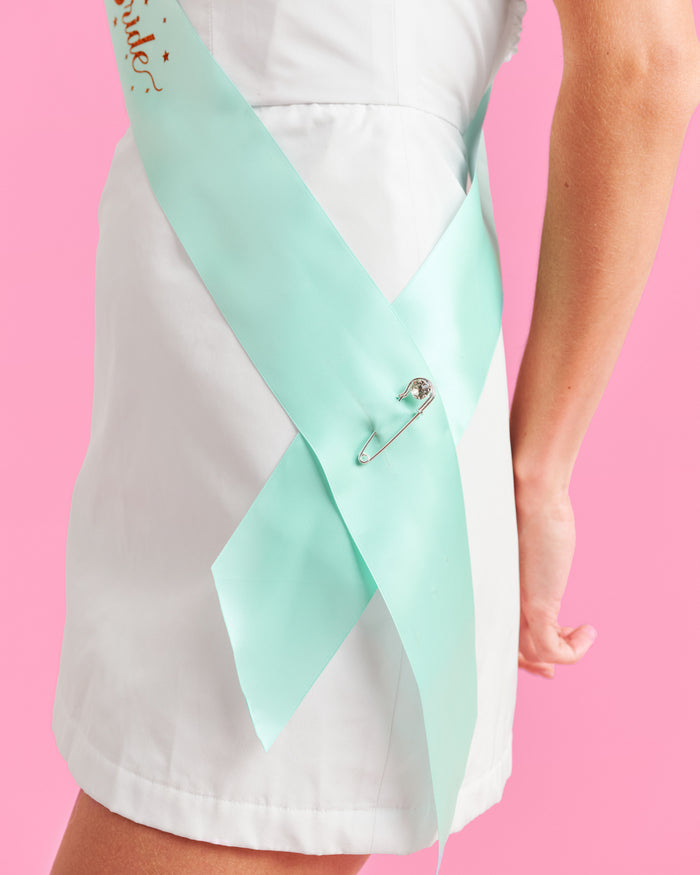 Life of A Bride Sash - aqua satin with orange foil