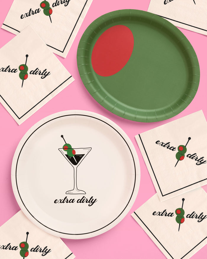 Dirty Martini Plate Set - 32 paper plates, 2 sizes